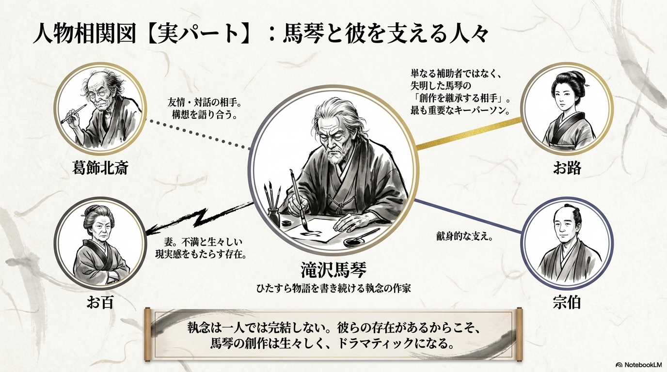滝沢馬琴を中心に、葛飾北斎、お百、宗伯、お路との関係性を示した相関図。お路が「創作を継承する相手」として重要なキーパーソンであることを強調。
